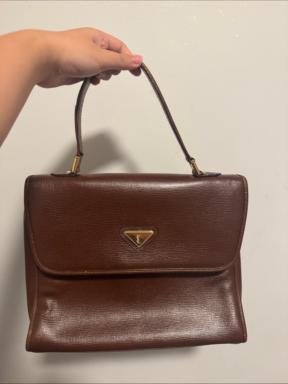 Vintage YSL Yves Saint Laurent Brown Leather Top-Handle Bag with Gold Accent